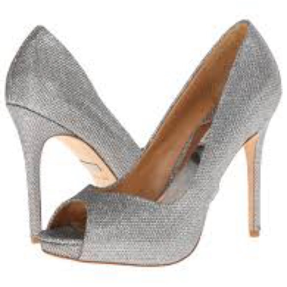 GUC Used Kate Spade Fine Bronze Silver Peep-Toe High Heel Pumps Size 9.5